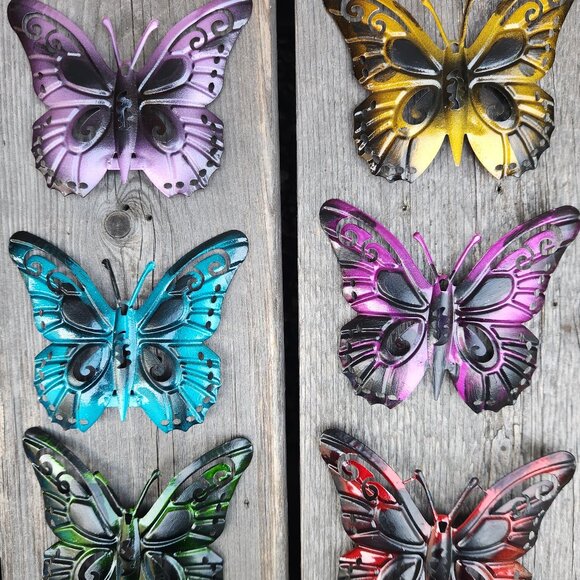Set of 6, Colorful Butterfly Metal Wall Plaque, Dim: 4-3/8" L - Picture 1 of 4